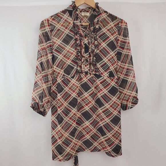 Daytrip By The Buckle BKE Womens Top L Plaid Ruffle Tie Sheer Poly Shirt Size - Picture 8 of 8